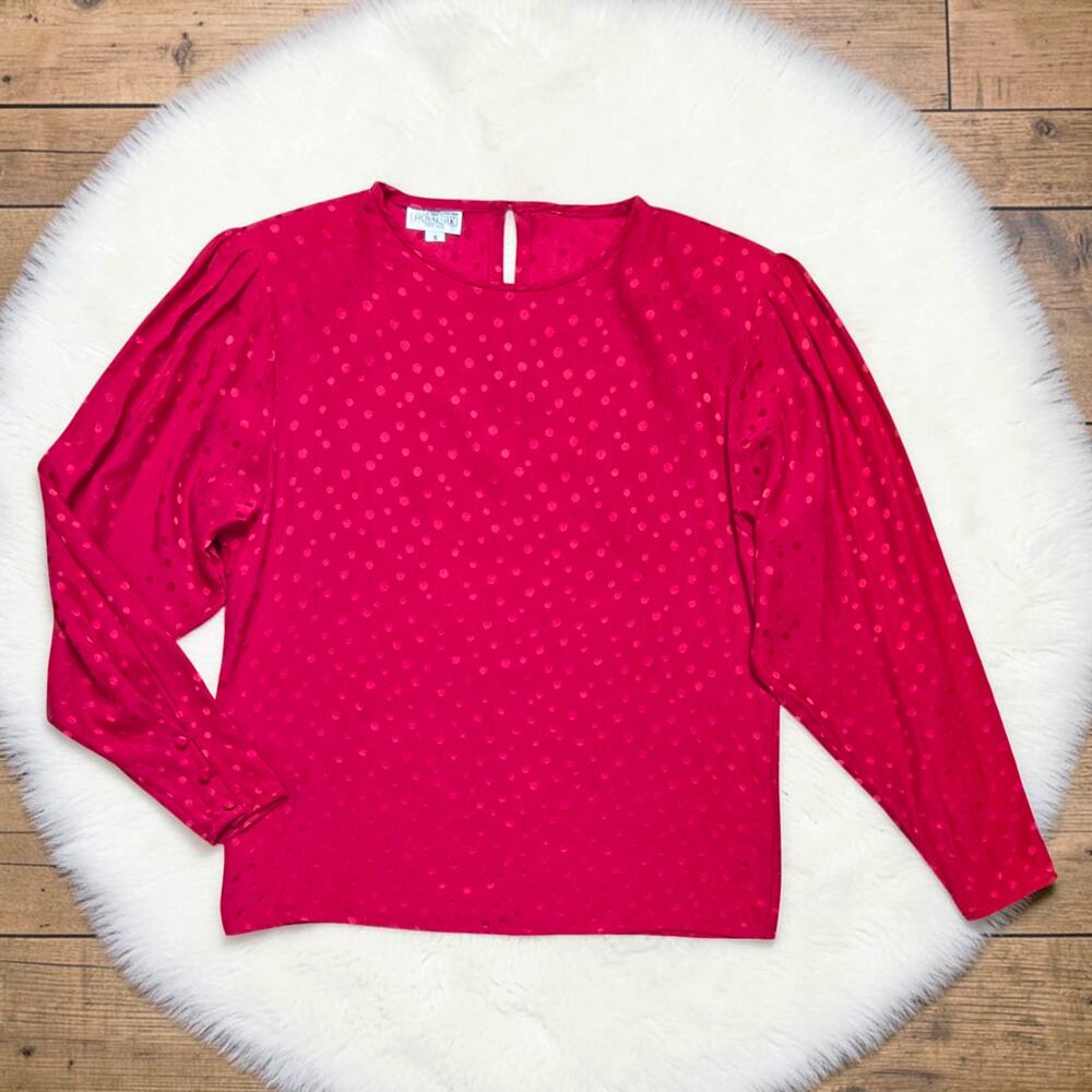 Vintage 80's 90's ROYAL SILK  100% Silk Red Polka Dot Satin Blouse Top Shirt S